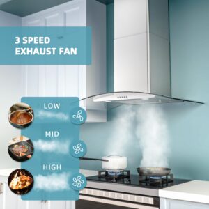 Range Hood 30 Inch, FIREGAS Ducted/Ductless Convertible Wall Mount Range Hood with Tempered Glass, 3 Speed Fan, 400CFM, Button Control, LED Light, Stainless Steel Filters, include 2 Charcoal Filters