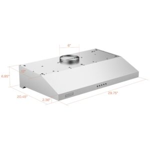 Empava Slim Range Hood 30 Inch Under Cabinet Ducted, Dual Sealed Aluminum Motor, 3-Speed, 400 CFM, Permanent Filters, Push Button Control Stainless Steel, 30 in. RH08