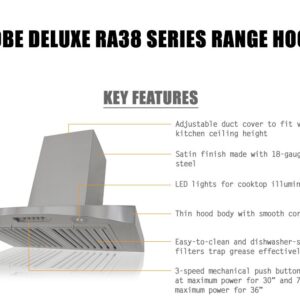 KOBE RA3836SQB-WM-5 Deluxe 36" Wall Mount Range Hood, 3-Speed, 700 CFM, LED Lights, Baffle Filters, Stainless steel