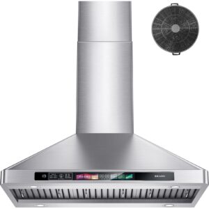 brano 30 inch wall mount range hood with voice/gesture/touch control, 900 cfm stainless steel kitchen hood vent with 4 speed exhaust fan, 4 adjustable lights, memory mode, ducted/ductless convertible