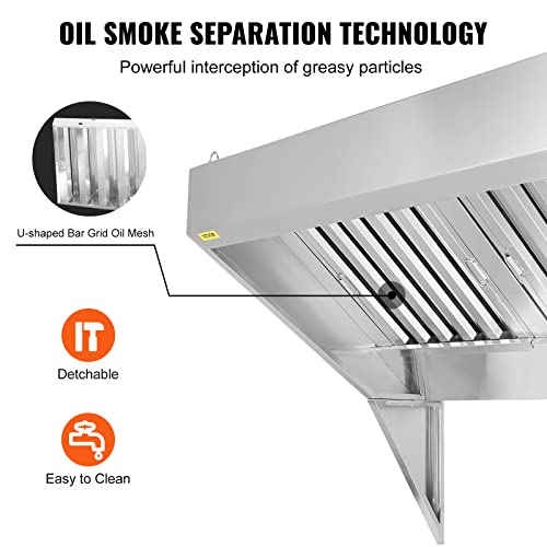 VEVOR Commercial Exhaust Hood, 4FT Food Truck Hood Exhaust, 201 Stainless Steel Concession Trailer Hood with 2 Detachable U-shaped Grid Oil Filter Mesh, Rust Resistant Vent Hood for Kitchen Restaurant