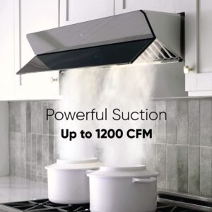 Pacific Side Suction Under Cabinet Ducted Range Hood 30 inch - 1200CFM 4-Speed Powerful Wall Mount Kitchen Vent Hood - Electric Stainless Steel, Ultra Quiet, Touch Control, LED Lights PQ6830AB