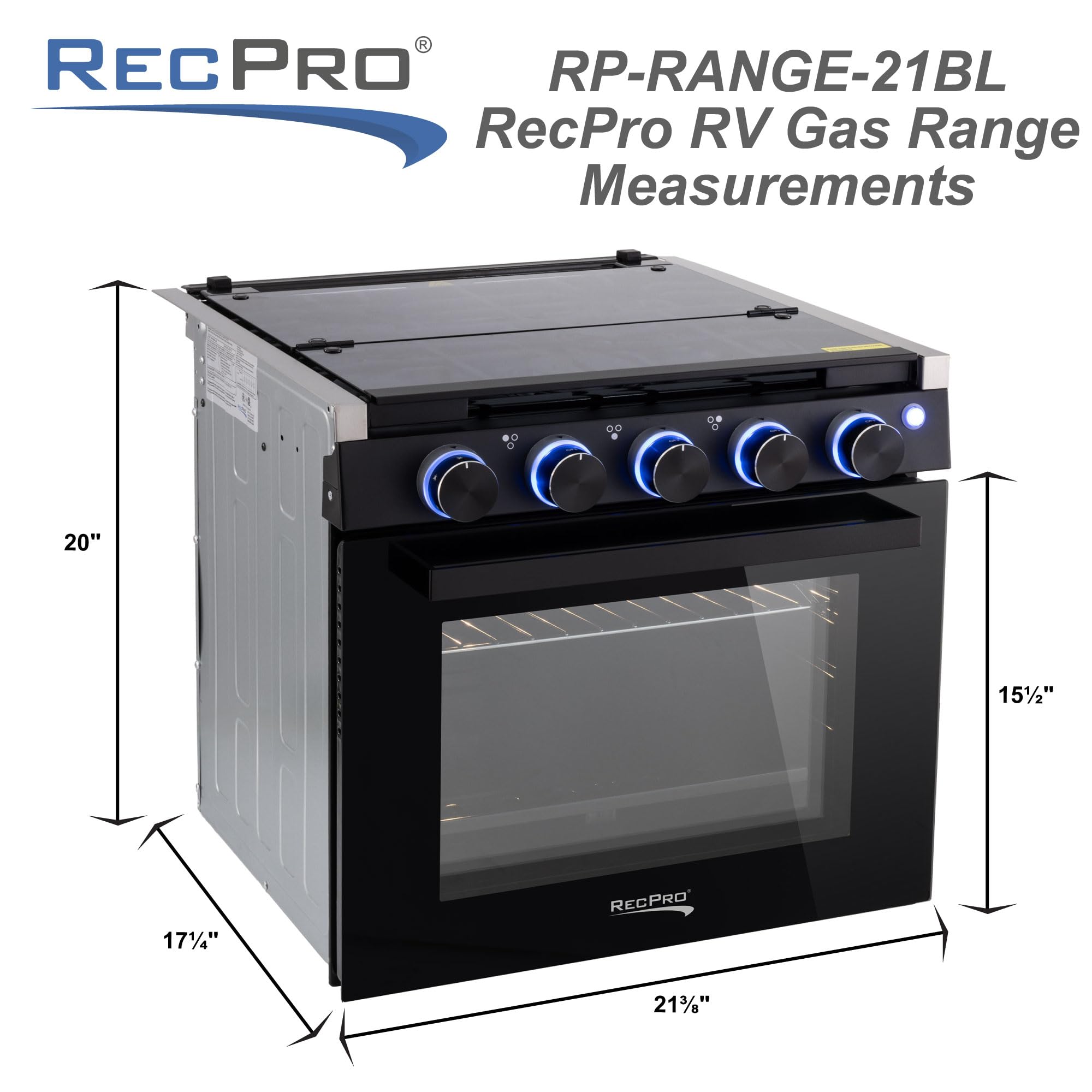 RecPro RV Stove Black Finish | Gas Range 21" Tall | 6500 and 8000 BTU Three Burner | 7100 BTU Oven with 1.8 Cu. Ft. Capacity | Optional Range Hood