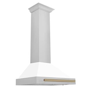 zline 30" autograph edition stainless steel range hood with white matte shell and champagne bronze accents