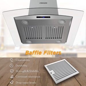 FIREGAS Island Range Hood 30 inch 450 CFM with Chimney, Ceiling Mount Kitchen Vent Hood with Tempered Glass, 4 LED Lights, Permanent Filters, Premium Touch Control Panel, Includes Charcoal Filter