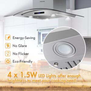 FIREGAS Island Range Hood 30 inch 450 CFM with Chimney, Ceiling Mount Kitchen Vent Hood with Tempered Glass, 4 LED Lights, Permanent Filters, Premium Touch Control Panel, Includes Charcoal Filter