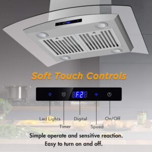 FIREGAS Island Range Hood 30 inch 450 CFM with Chimney, Ceiling Mount Kitchen Vent Hood with Tempered Glass, 4 LED Lights, Permanent Filters, Premium Touch Control Panel, Includes Charcoal Filter