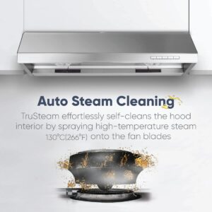 Pacific Trusteam Range Hood, 30''/36'' under cabinet, high-temperatur auto steam cleaning, Max 900CFM, LED light, responsive touch control, stainless steel housing (30')