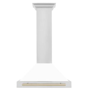 ZLINE 30 in. Autograph Edition Convertible Stainless Steel Range Hood with White Matte Shell and Polished Gold Accents (KB4STZ-WM30-G)