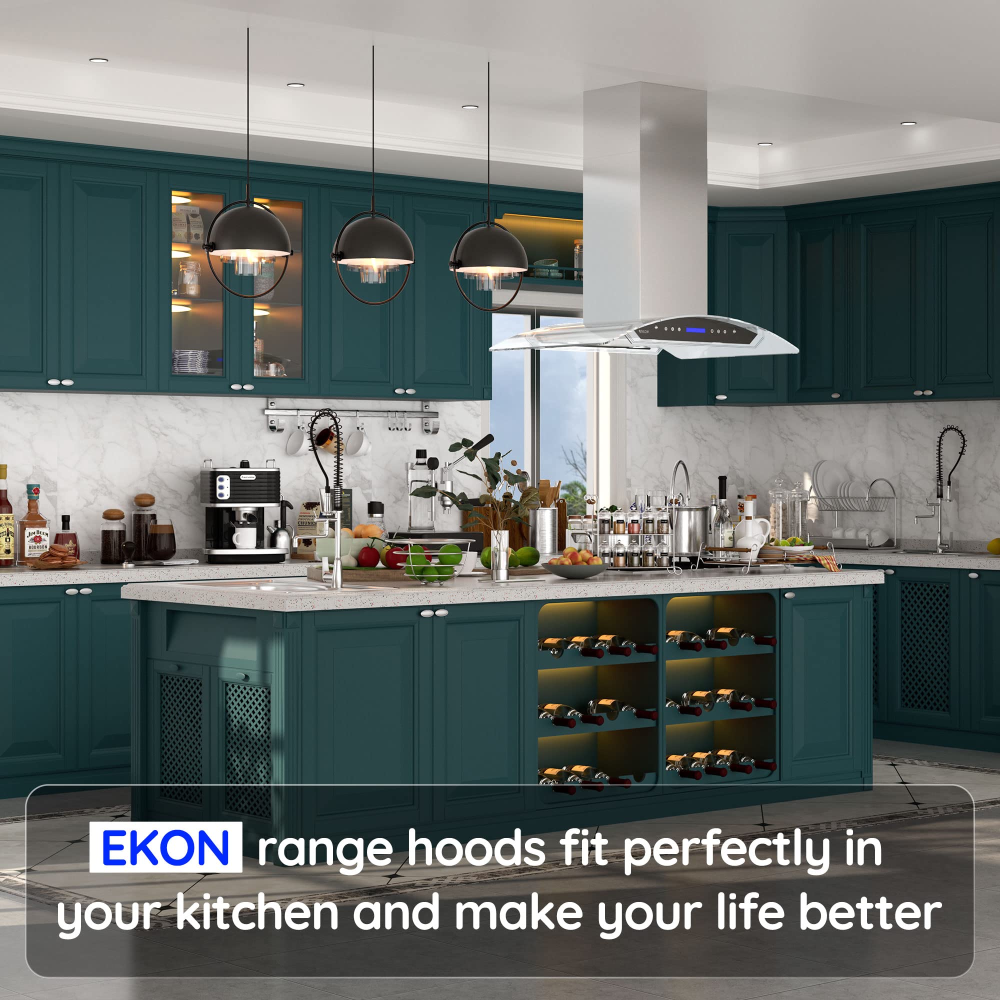 EKON 36"Island Mount Range Hood,900 CFM Ducted Range Hood with 4 Speed Fan,Stainless Steel& Tempered Glass Range Hood 36 inch NAIS01-36"