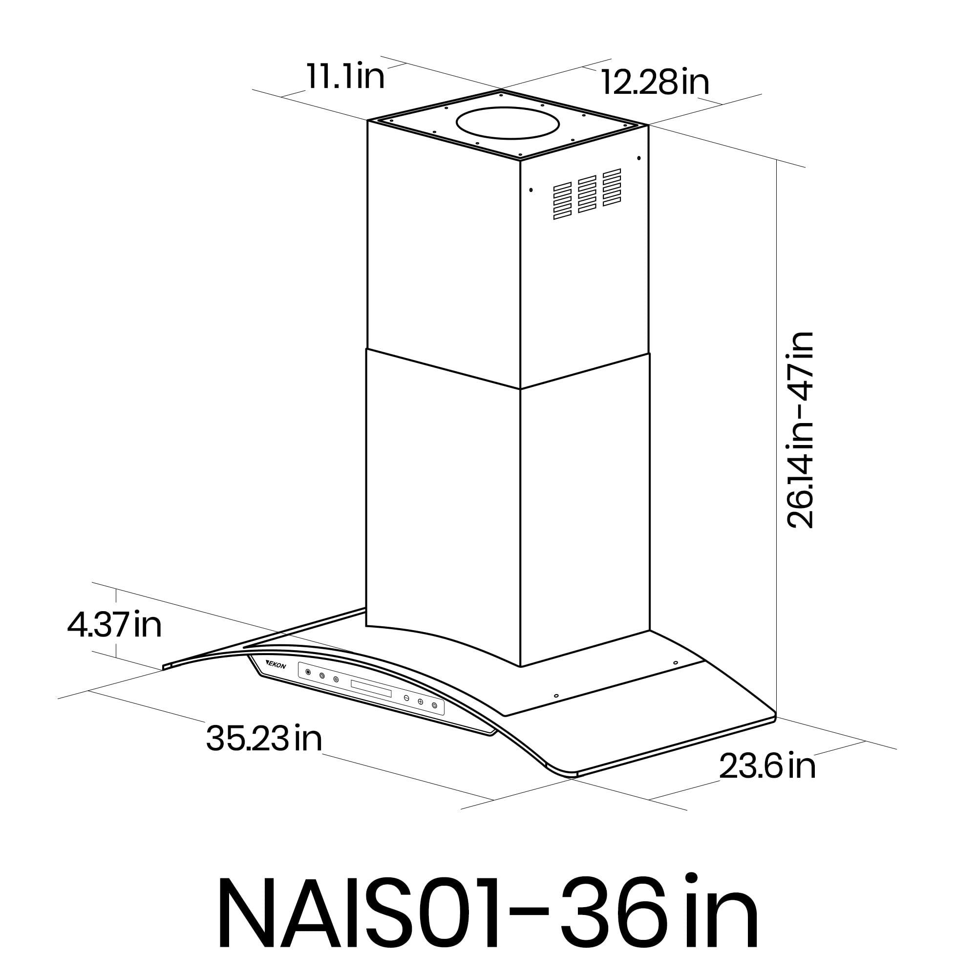 EKON 36"Island Mount Range Hood,900 CFM Ducted Range Hood with 4 Speed Fan,Stainless Steel& Tempered Glass Range Hood 36 inch NAIS01-36"