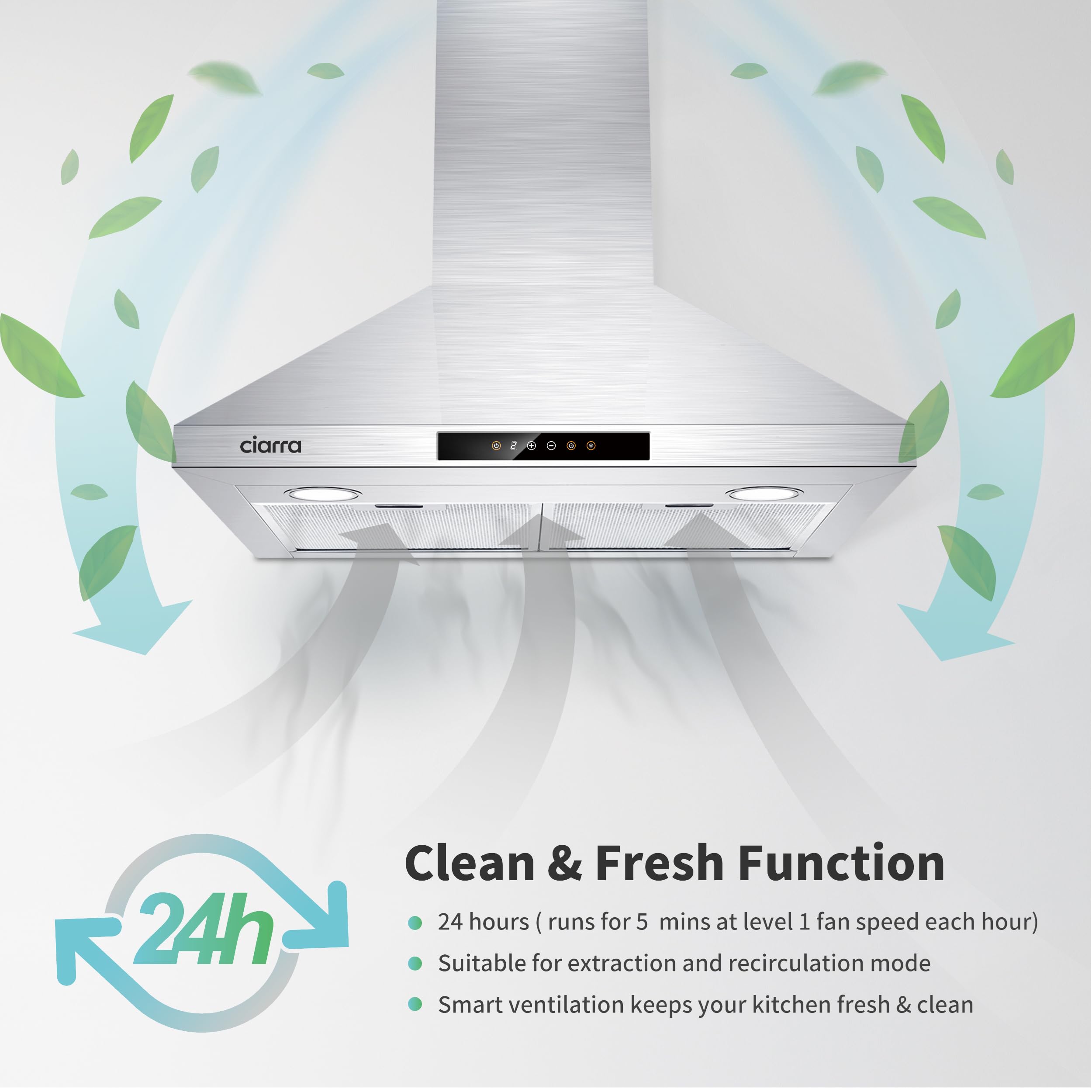 CIARRA Range Hood 30 inch 760m3/h Ductless Stove Hood Vent for Kitchen in Stainless Steel, Ducted and Ductless Convertible