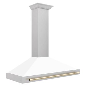 ZLINE 48 in. Autograph Edition Convertible Fingerprint Resistant DuraSnow® Stainless Steel Range Hood with White Matte Shell and Polished Gold Handle (KB4SNZ-WM48-G)