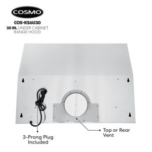 COSMO COS-KS6U30 30 in. Under Cabinet Range Hood with Digital Touch Controls, 3-Speed Fan, LED Lights and Permanent Filters, in Stainless Steel