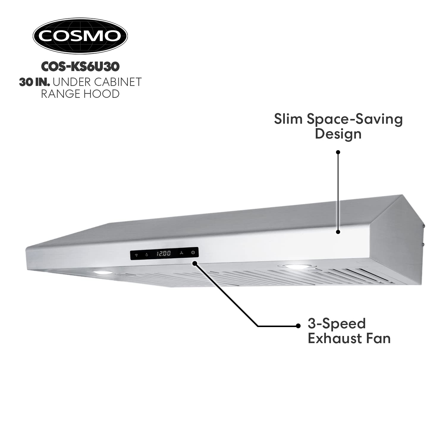 COSMO COS-KS6U30 30 in. Under Cabinet Range Hood with Digital Touch Controls, 3-Speed Fan, LED Lights and Permanent Filters, in Stainless Steel