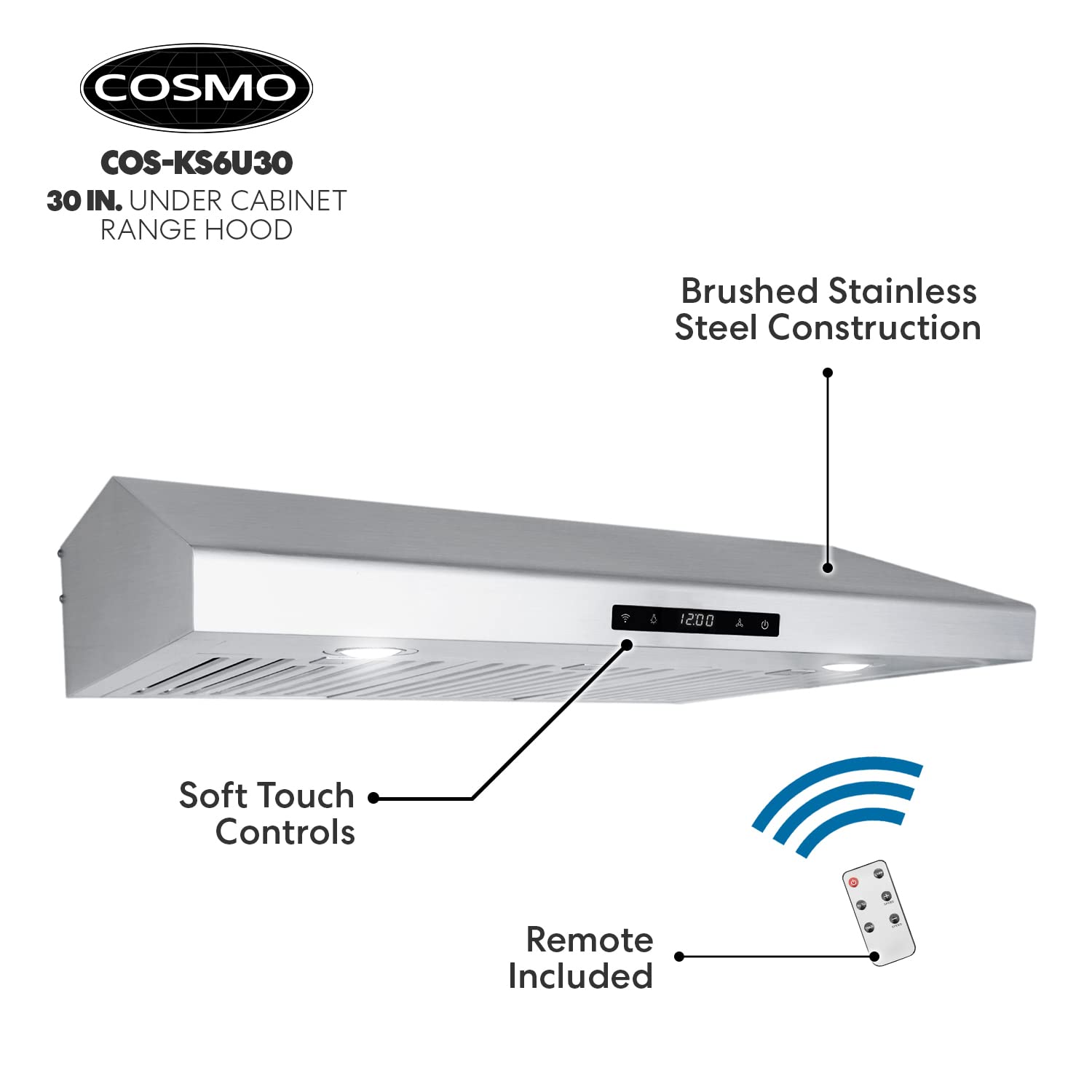 COSMO COS-KS6U30 30 in. Under Cabinet Range Hood with Digital Touch Controls, 3-Speed Fan, LED Lights and Permanent Filters, in Stainless Steel