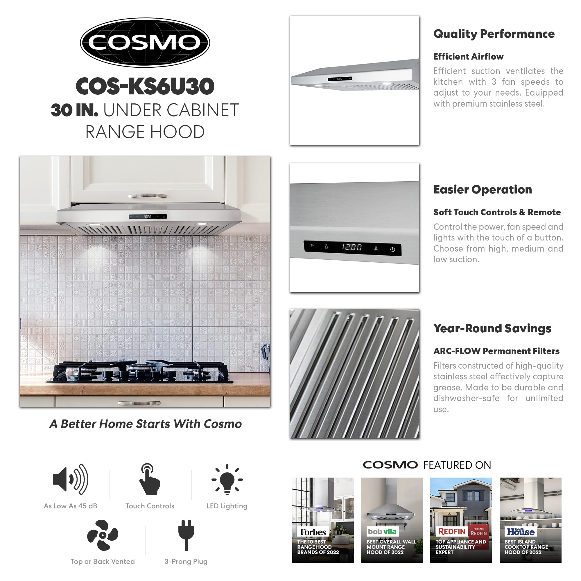 COSMO COS-KS6U30 30 in. Under Cabinet Range Hood with Digital Touch Controls, 3-Speed Fan, LED Lights and Permanent Filters, in Stainless Steel