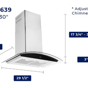 Hauslane | Chef Series Range Hood 30" WM-639 Wall Mount Range Hood | Contemporary Stainless Steel Tempered Glass Stove Ventilation | 3 Speed, Touch Control, Baffle Filters| Vented or Ductless