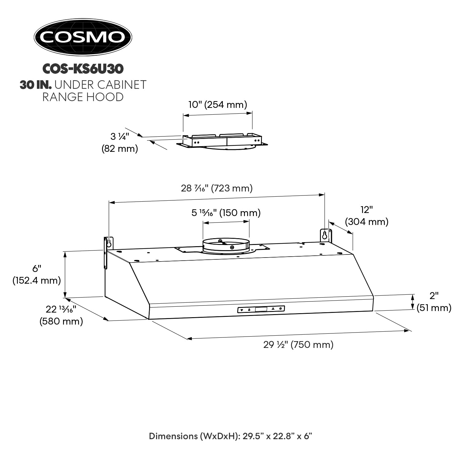 COSMO COS-KS6U30 30 in. Under Cabinet Range Hood with Digital Touch Controls, 3-Speed Fan, LED Lights and Permanent Filters, in Stainless Steel