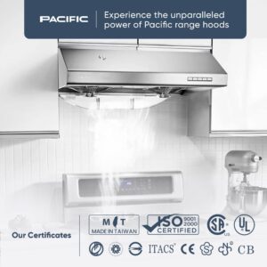 Pacific Auto Clean Under Cabinet Ducted Range Hood 36" - 900 CFM Powerful Kitchen Vent Hood - Electric Stainless Steel, Ultra Quiet, Touch Control, Filterless, LED Lights, Auto Cleaning ‎AC3036BS