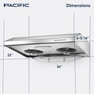 Pacific Auto Clean Under Cabinet Ducted Range Hood 36" - 900 CFM Powerful Kitchen Vent Hood - Electric Stainless Steel, Ultra Quiet, Touch Control, Filterless, LED Lights, Auto Cleaning ‎AC3036BS