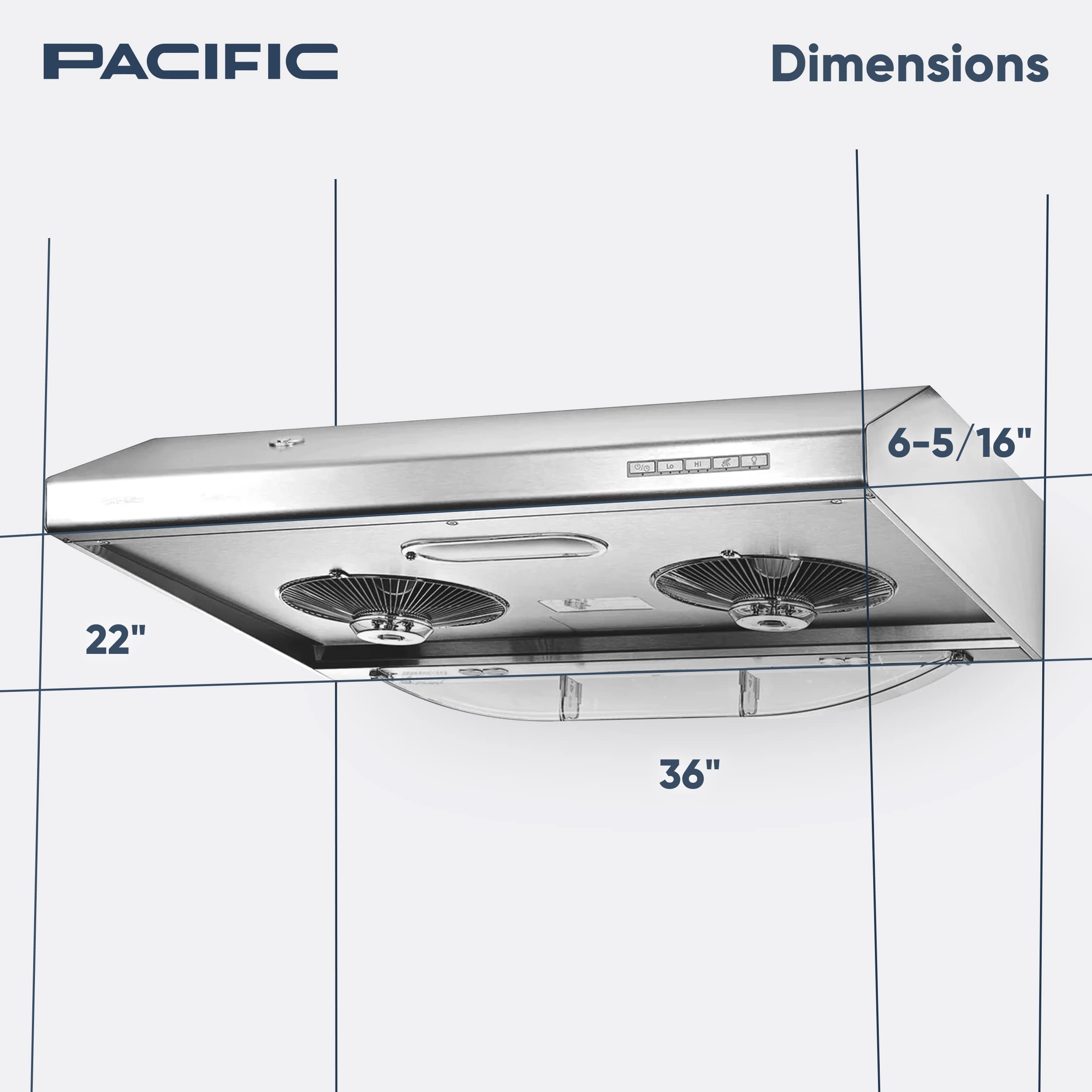 Pacific Auto Clean Under Cabinet Ducted Range Hood 36" - 900 CFM Powerful Kitchen Vent Hood - Electric Stainless Steel, Ultra Quiet, Touch Control, Filterless, LED Lights, Auto Cleaning ‎AC3036BS