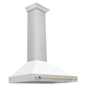 zline 36 in. autograph edition convertible stainless steel range hood with white matte shell and polished gold accents (kb4stz-wm36-g)