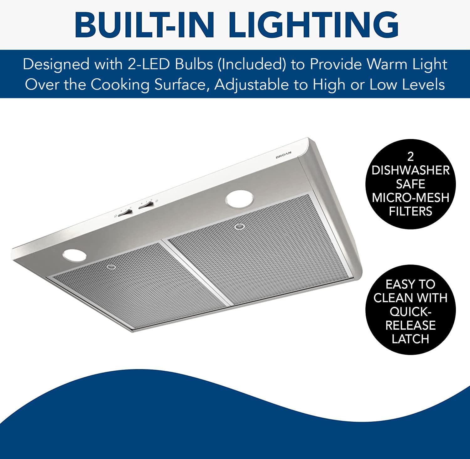 Broan-NuTone BKSH130SS Sahale 30-inch Under-Cabinet Easy Install 4-Way Convertible Range Hood with 2-Speed Exhaust Fan and Light, 300 Max Blower CFM, Stainless Steel