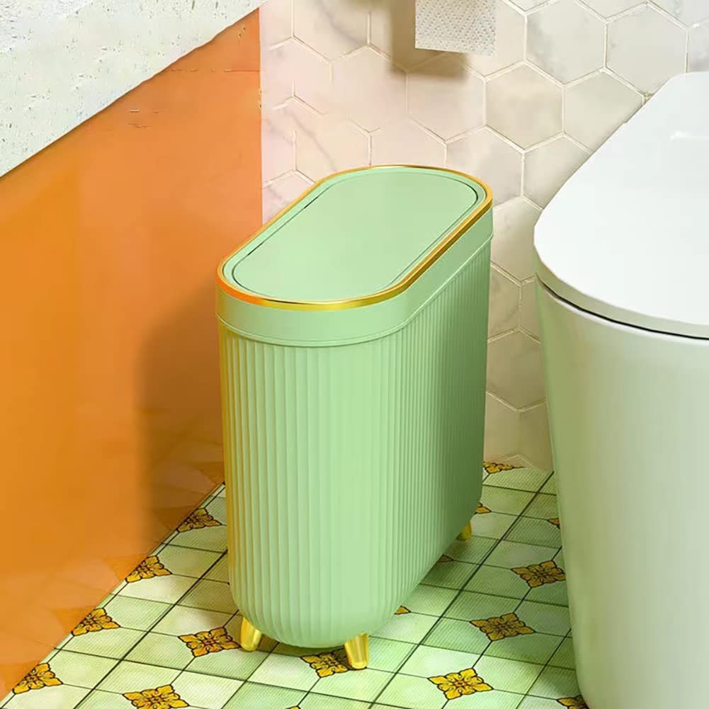 Aupekro Bathroom Trash Can with Lid, 3.1 Gallon/12 Liter Slim Rubbish Bin Wastebasket, Rectangular Plastic Narrow Garbage Container Bin for Living Room, Kitchen, Toilet, Office(Green)