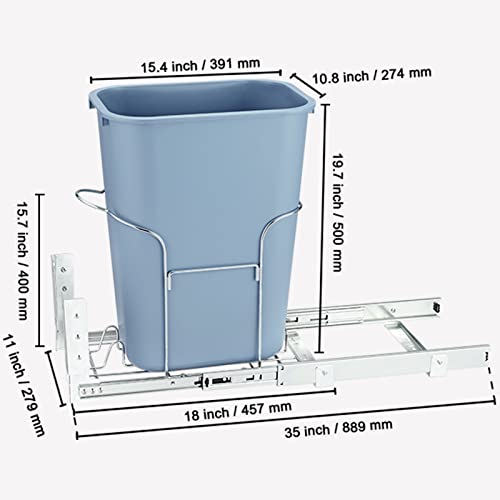 VEVOR Pull-Out Trash Can, 35L Single Bin, Under Mount Kitchen Waste Container with Slide, Handle and Door Mounting Kit, 110 lbs Load Capacity Heavy Duty Garbage Recycling Bin for Kitchen Cabinet, Sink