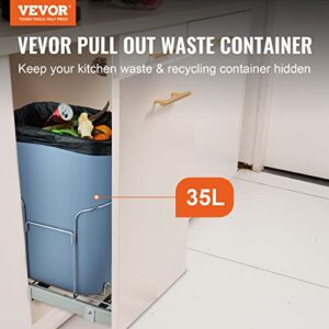 VEVOR Pull-Out Trash Can, 35L Single Bin, Under Mount Kitchen Waste Container with Slide, Handle and Door Mounting Kit, 110 lbs Load Capacity Heavy Duty Garbage Recycling Bin for Kitchen Cabinet, Sink