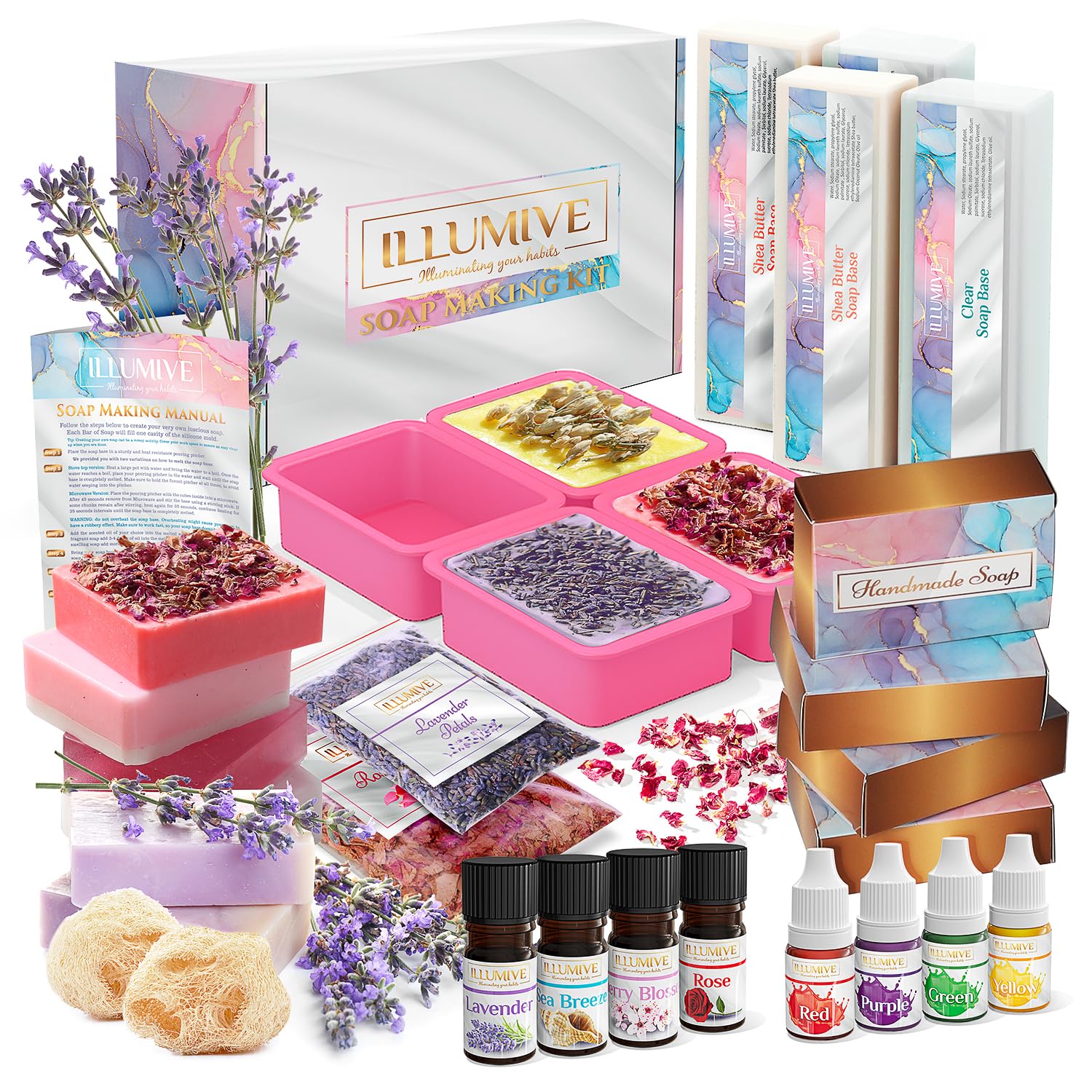 Illumive Soap Making Kit - Glycerin & Shea Butter Soap Base, Soap Molds, Dried Flowers, Fragrances, Dye - DIY Craft Kit for Adults & Kids