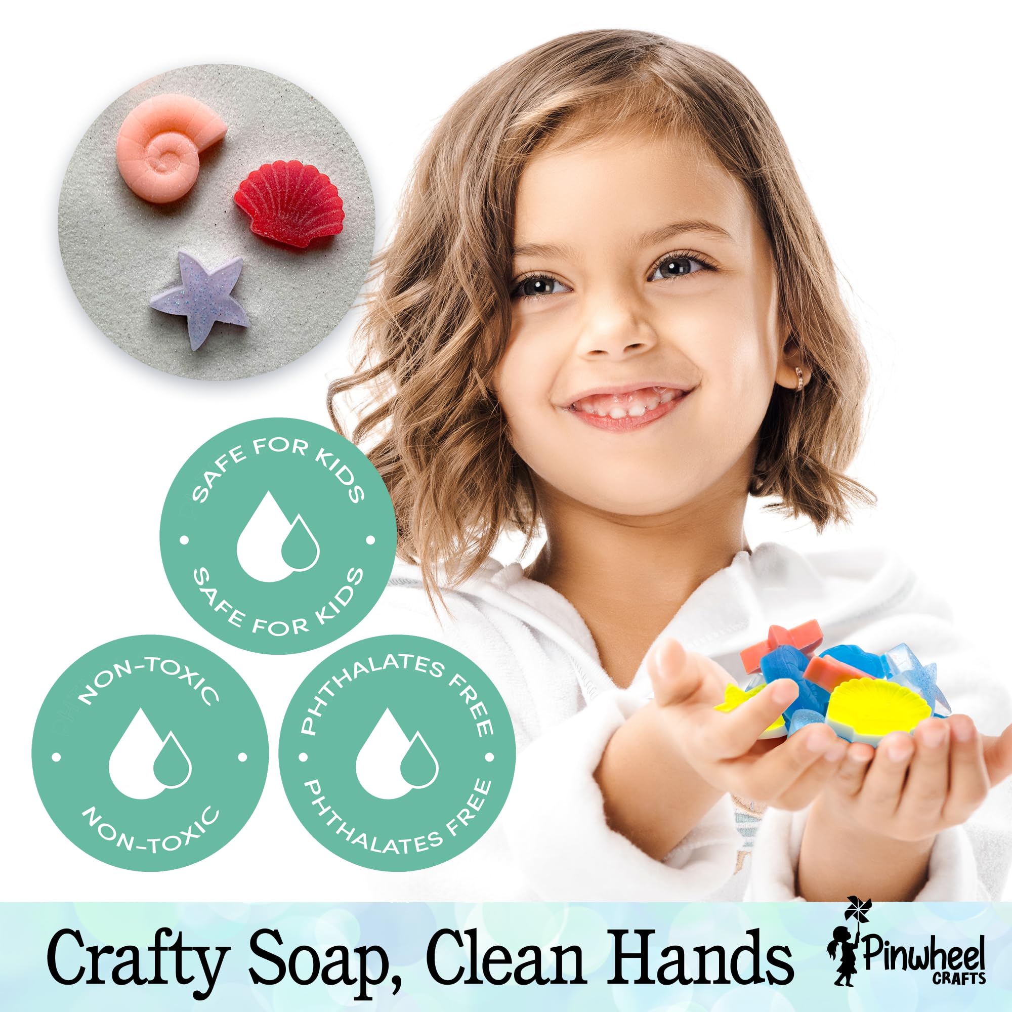 Pinwheel Crafts Soap Making Kit for Kids, DIY Complete Set with Molds, Scents, Dye, Glitter, Foaming Net - Great for Science Projects and Crafts