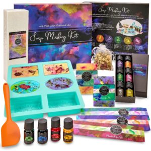 Soap Making Kit for Adults, Make Your Own Soap with Melt and Pour diy Natural Soap supplies; 6 Essential Oils, Silicone Soap Mold, Spoon, Dried Flowers, 2lbs. Shea Butter Soap Base, 4 Colors, 9 Labels