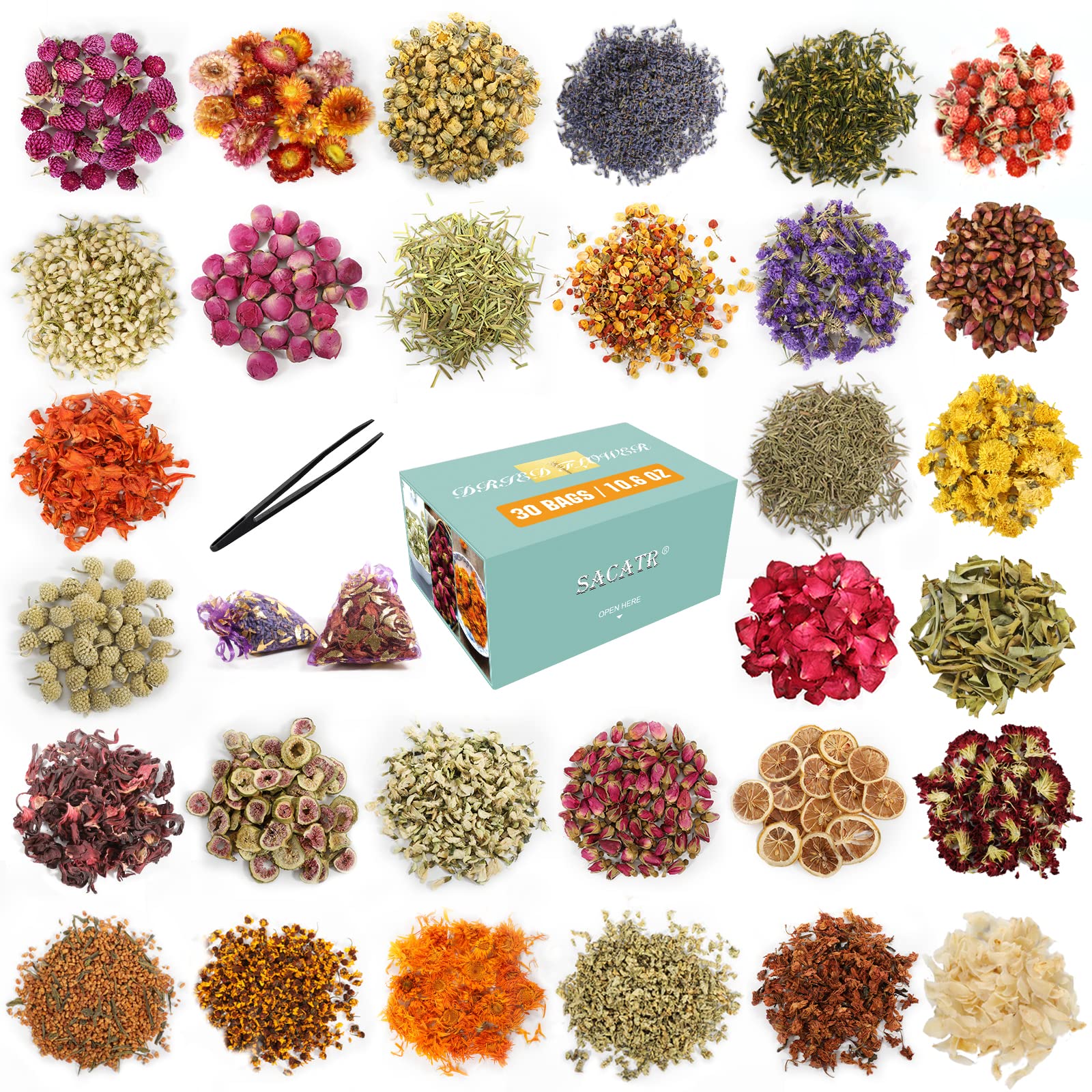 30 Bags Dried Flowers,100% Natural Dried Flowers Herbs Kit for Soap Making, DIY Candle Making,Bath - Include Rose Petals,Lavender,Don't Forget Me,Lilium,Jasmine,Rosebudsand More