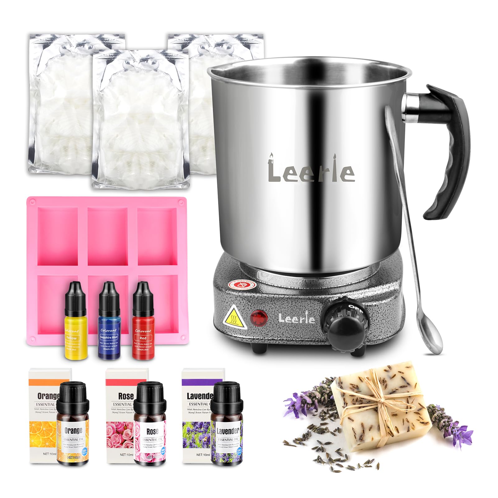 Leerie 3.6Lbs Soap Making Kit with Electronic Hot Plate, 1.6 Lb Glycerin Soap Base, Pouring Pot, Silicon Mold, Spoon,3 Essential Oils for Soap Making,3 Liquid Dyes, Melt & Pour Soap DIY Kits SMK500