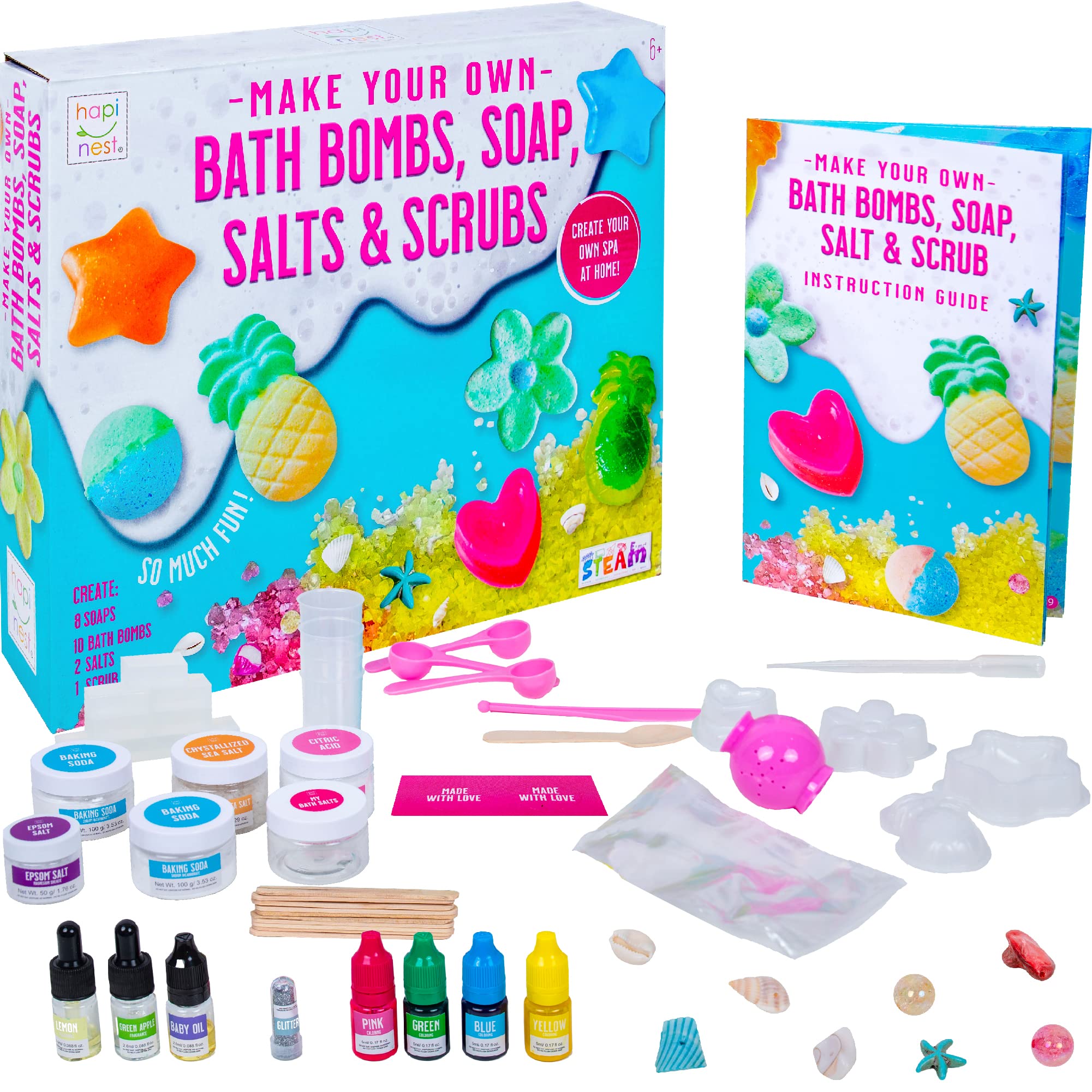 Hapinest Make Your Own Bath Bombs, Soap, Salts and Scrubs Spa Craft Science Kit for Kids Girls and Boys Toys & Gifts Ages 6 7 8 9 10 11 12 Years Old and Up