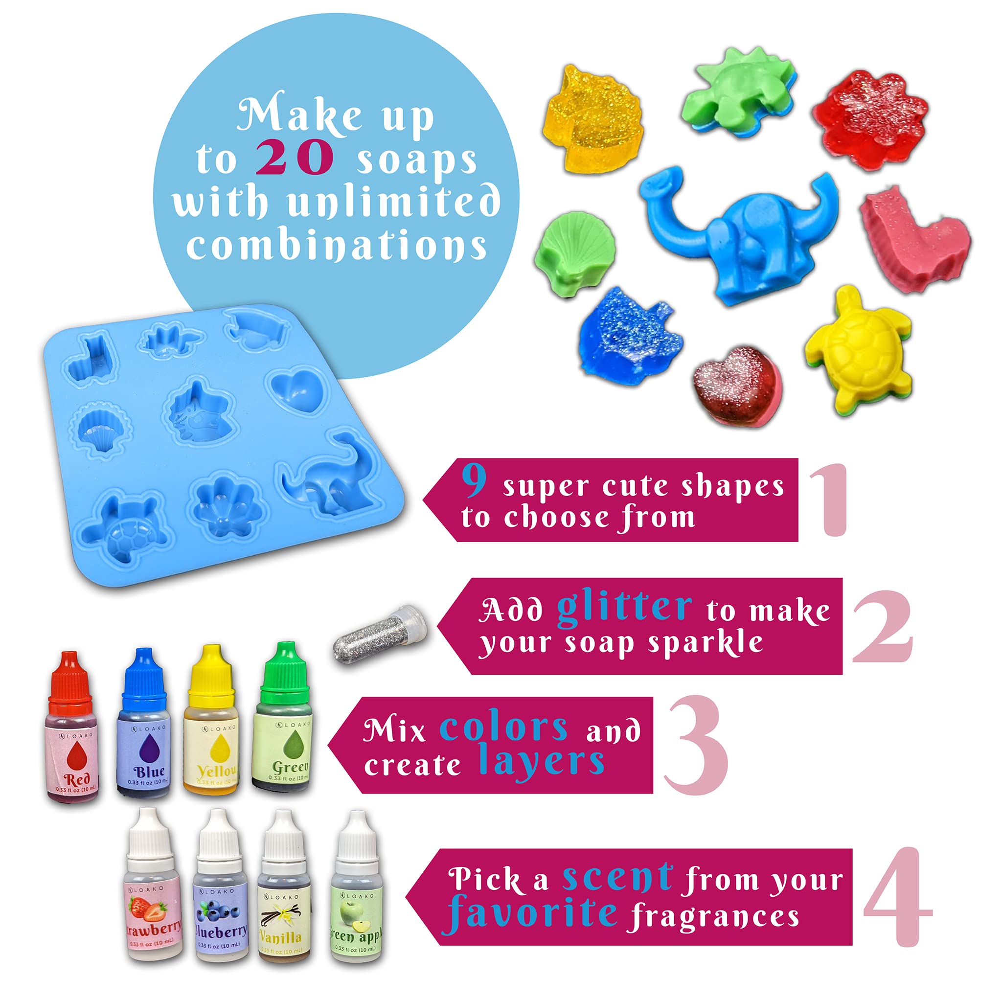 Loako Soap Making Kit for Kids & Adults - DIY Soap Kit - Make Your Own Soap - Science Lab Activity for Age 6-12 - 10-15 Pieces