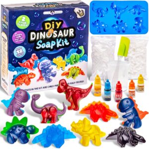 original stationery dinosaur soap making kit for kids, diy soap kit with dino shaped trays, soap base, ink colors and scents, fun educational science kits for boys and girls, creative kids toys