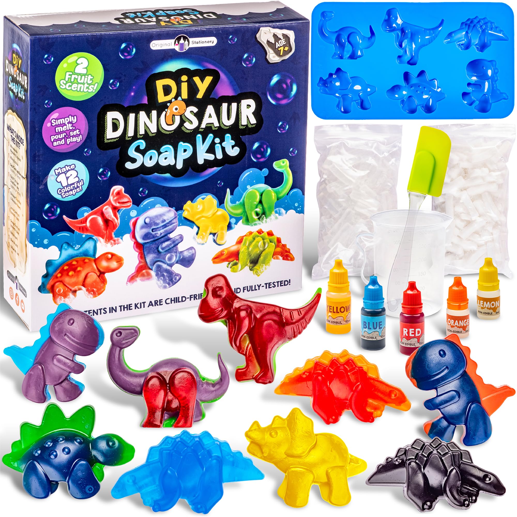 Original Stationery Dinosaur Soap Making Kit for Kids, DIY Soap Kit with Dino Shaped Trays, Soap Base, Ink Colors and Scents, Fun Educational Science Kits for Boys and Girls, Creative Kids Toys