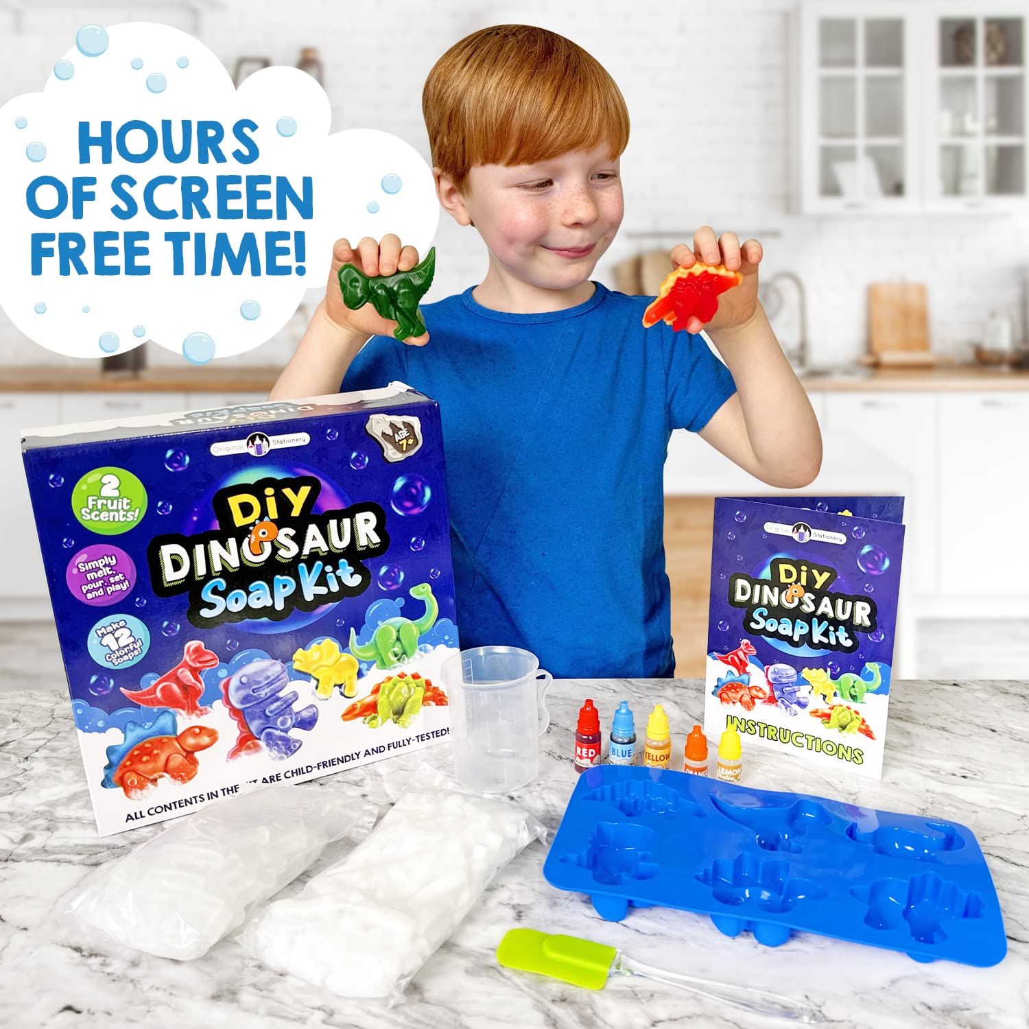 Original Stationery Dinosaur Soap Making Kit for Kids, DIY Soap Kit with Dino Shaped Trays, Soap Base, Ink Colors and Scents, Fun Educational Science Kits for Boys and Girls, Creative Kids Toys