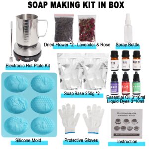 Soap Making Kit with Electronic Hot Plate, DIY Soap Making Supplies for Adults and Beginners, Including Silicon Soap Mold, 1.1 lb Glycerin Soap Base, Pouring Pot