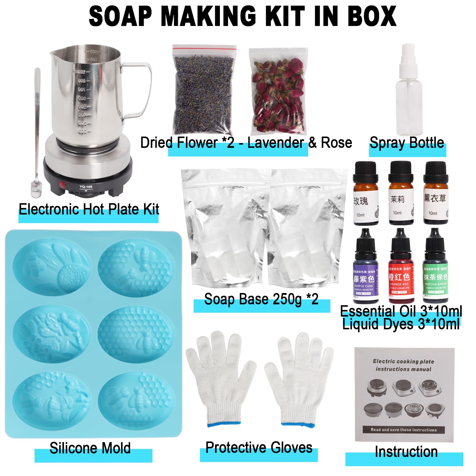 Soap Making Kit with Electronic Hot Plate, DIY Soap Making Supplies for Adults and Beginners, Including Silicon Soap Mold, 1.1 lb Glycerin Soap Base, Pouring Pot