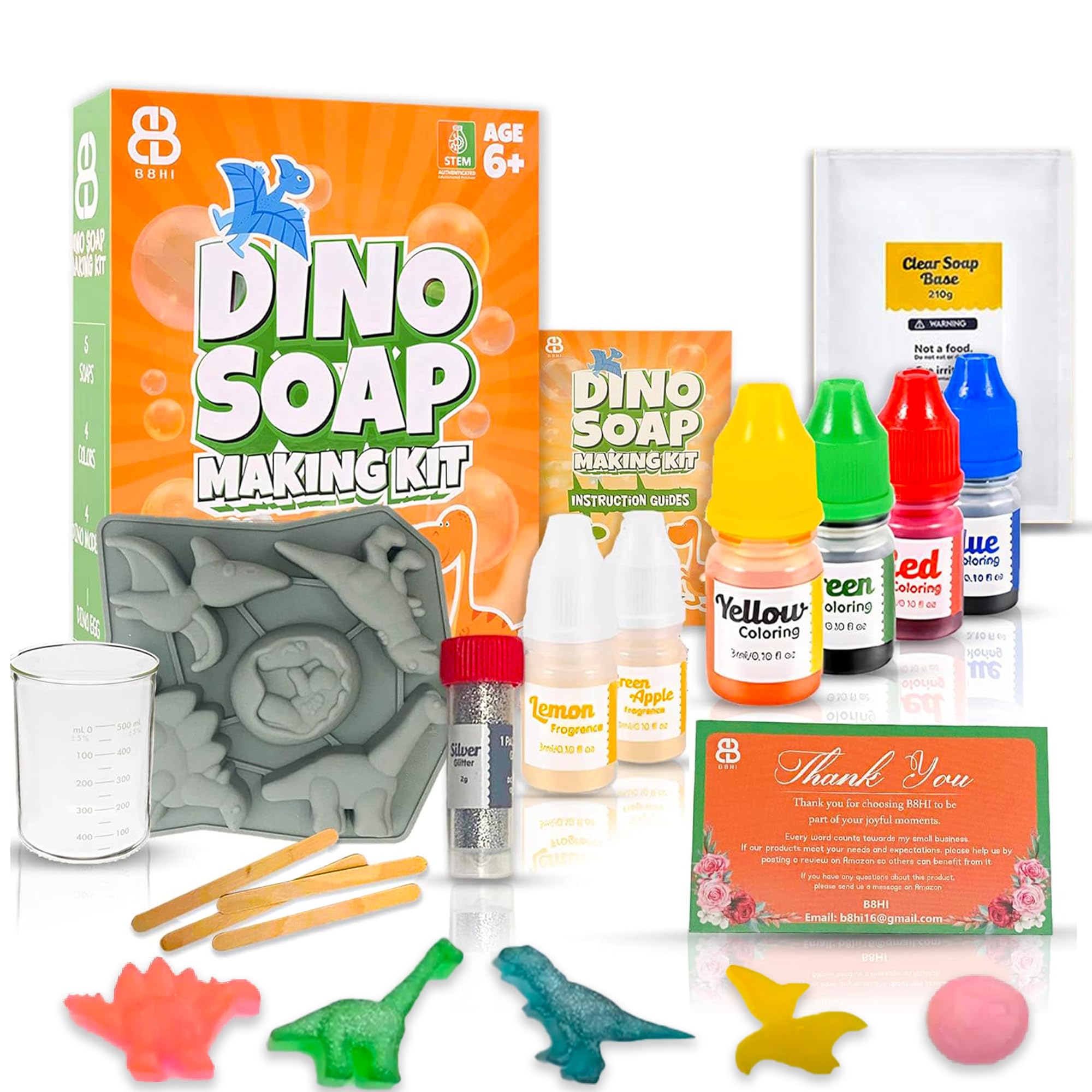 B8HI Soap Making Kit for Kids - Dino DIY Soap Making Kit for 6+ Ages - Melt & Pour Soap Kit with All Supplies - STEM Activity Craft Plus Reusable Mold