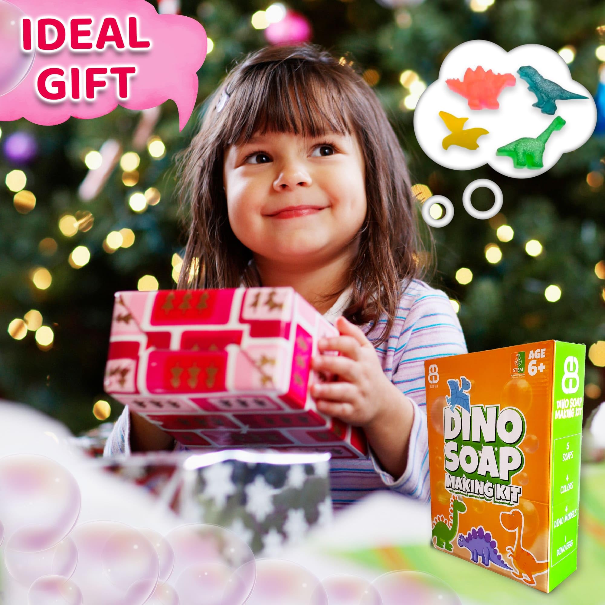 B8HI Soap Making Kit for Kids - Dino DIY Soap Making Kit for 6+ Ages - Melt & Pour Soap Kit with All Supplies - STEM Activity Craft Plus Reusable Mold