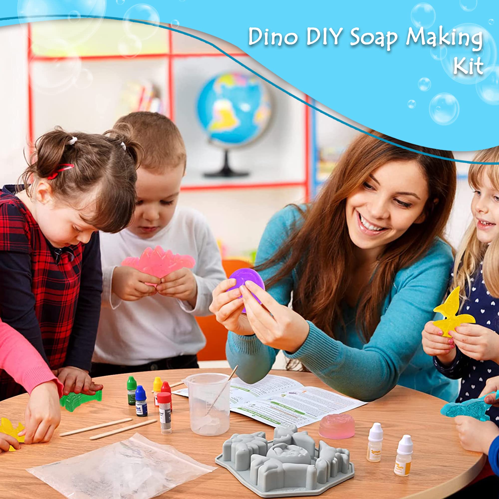 B8HI Soap Making Kit for Kids - Dino DIY Soap Making Kit for 6+ Ages - Melt & Pour Soap Kit with All Supplies - STEM Activity Craft Plus Reusable Mold