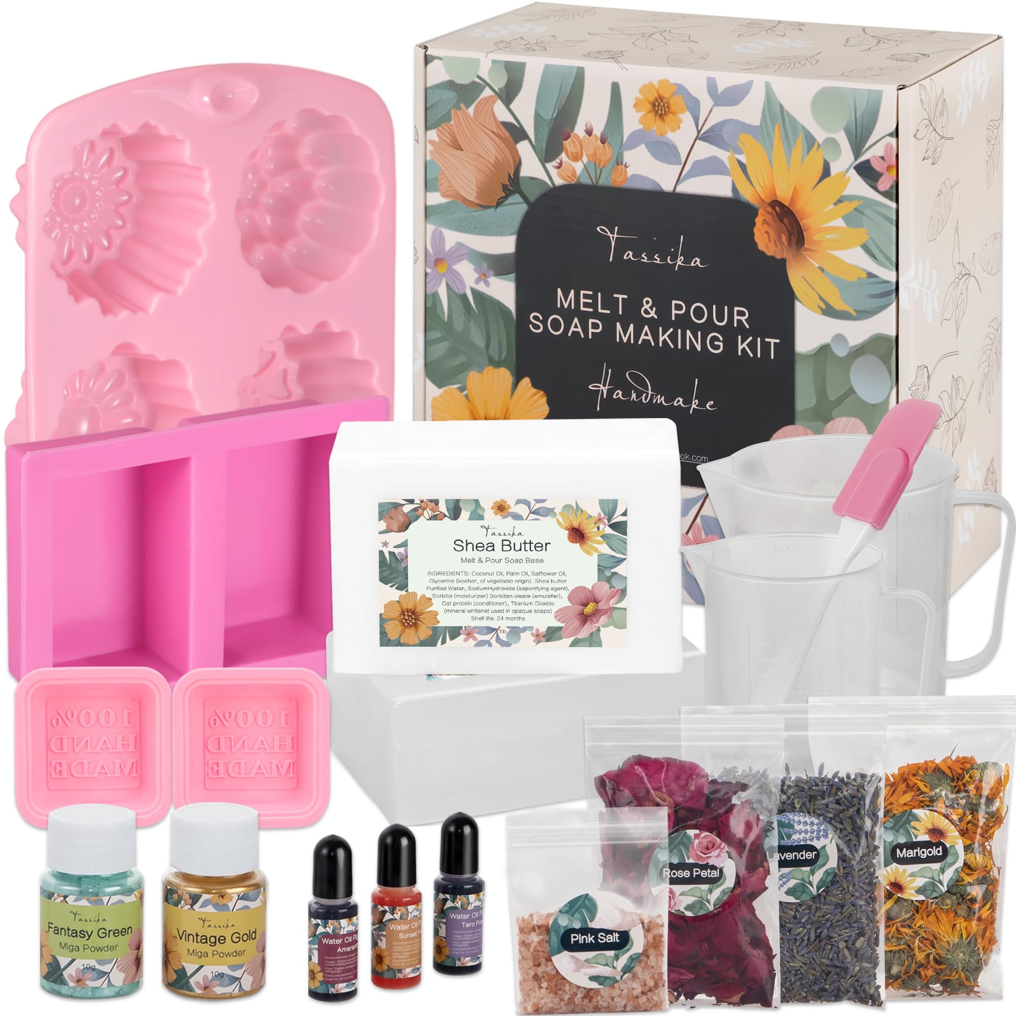 Handmade Soap Making Kit Supplies, DIY Melt & Pour Soap Making Kit for Adults: Includes 2lbs Soap Base, Dried Flowers, Pigment, Silicon Mold, Measuring Cup, Personalized Handmade Soap Set Gift