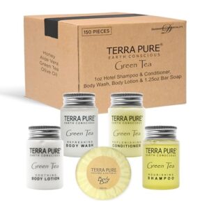 terra pure hotel soaps and toiletries bulk set | 1-shoppe all-in-kit amenities for hotels | 1oz hotel shampoo & conditioner, body wash, body lotion & 1.25oz bar soap travel size | 150 pieces