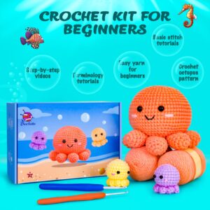 Crochetta Crochet Kit for Beginners, Amigurumi Crocheting Animals Kits w Step-by-Step Video Tutorials, Knitting Starter Pack for Adults and Kids, Jumbo 3 Nestable Octopus Familly (40%+ Yarn Content)