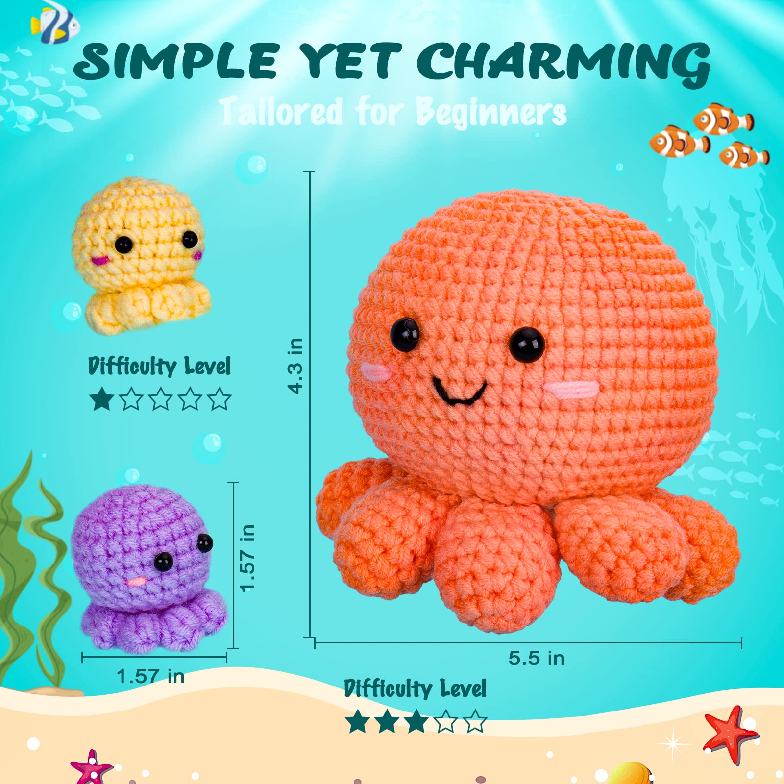 Crochetta Crochet Kit for Beginners, Amigurumi Crocheting Animals Kits w Step-by-Step Video Tutorials, Knitting Starter Pack for Adults and Kids, Jumbo 3 Nestable Octopus Familly (40%+ Yarn Content)